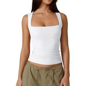 QINSEN Womens Square Neck Tank Top Sleeveless Fitted Double Layer Black Shirt